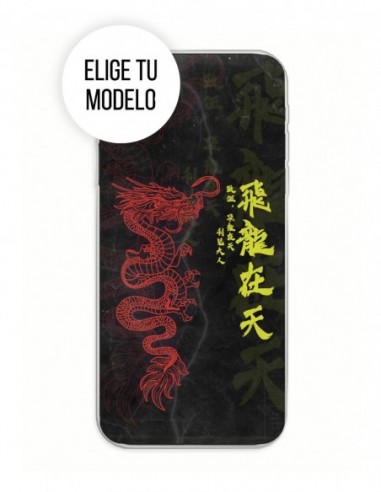 Funda Gel Silicona Animales - Dragon Rojo con letras chinas fondo Negro