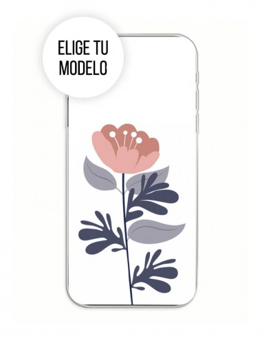 Funda Gel Silicona Flores y Plantas - Flor Rosa con tallo fondo Blanco